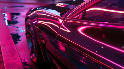 Glowing neon lights reflecting off a glossy car hood