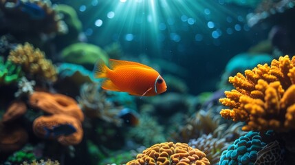Naklejka na ściany i meble A fish on a coral with sunbeams