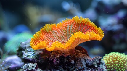  A zoomed-in photo of a vibrant orange-yellow sea anemone surrounded by various corals in the background