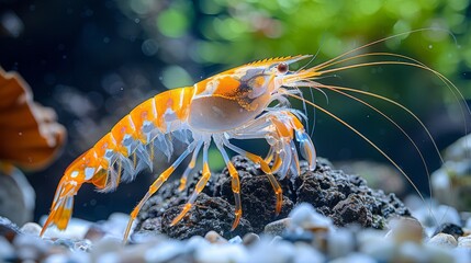  Close-up image of tiny orange shrimp atop a rock amidst vibrant orange and white school of fish in aquarium setting