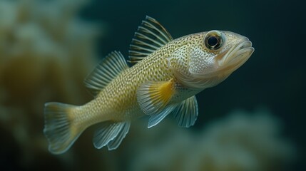  A close-up of a fish swimming in green water with algae at the bottom