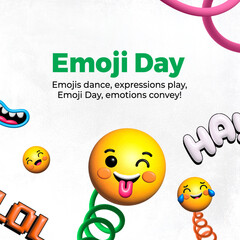 Illustration of various emojis dancing on a white background. Text reads "Emoji Day."