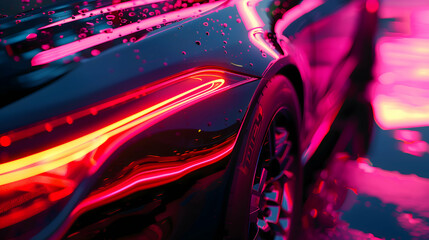 Glowing neon lights reflecting off a glossy car hood