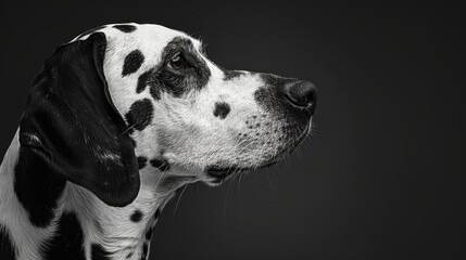  A spotted Dalmatian dog, facing away from the viewer, against a dark backdrop