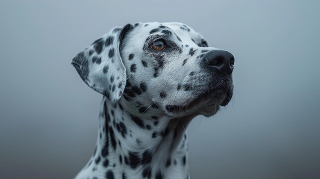  Close-up image of Dalmatian dog's face facing away, against gray background