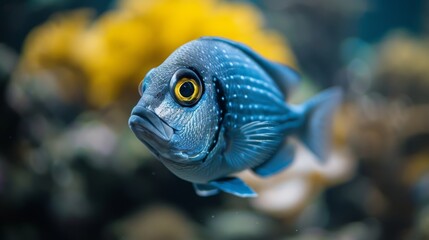  A blue fish with a yellow eye stares directly into the camera against a vibrant coral backdrop - obrazy, fototapety, plakaty
