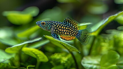   a vibrant blue and orange fish swimming over green foliage with a soft bokeh background