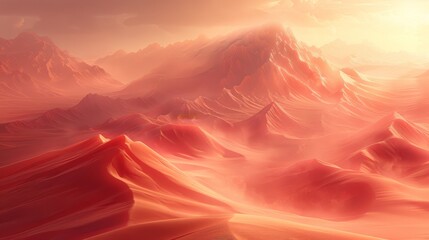  A digital painting depicting a desert landscape featuring majestic mountains and a breathtaking sunset