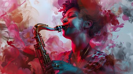 Elegant woman musician playing a saxophone, a jazzy musical instrument - obrazy, fototapety, plakaty