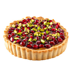 Front view of a perfectly made pomegranate pistachio tart kept in food photography style isolated on a white transparent background