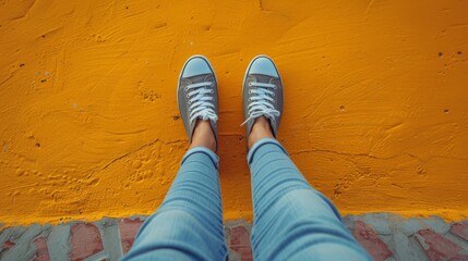 A person stands in front of a yellow wall, propping their feet up on the adjacent red and white tiles - obrazy, fototapety, plakaty