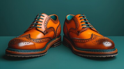  A pair of orange shoes, positioned on a blue and green surface with a green backdrop