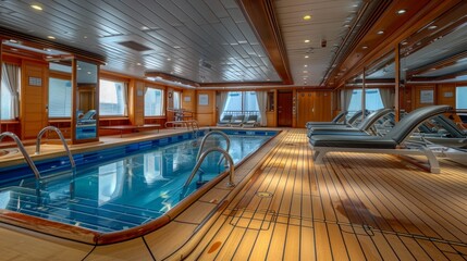 Luxurious cruise ship indoor swimming pool and spa area with sun loungers and exercise equipment.