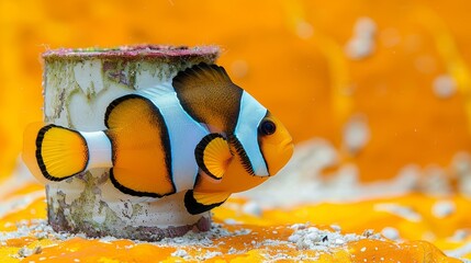  An orange clownfish perched atop wooden planks, surrounded by orange-white walls