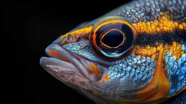  A close-up of a fish's eye with a black background and a black background, maximized for clarity