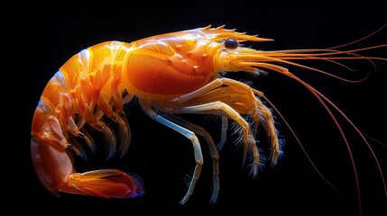  A close-up of a bright orange shrimp on a black background