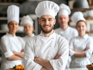 Smiling male chef with team in commercial kitchen portrait