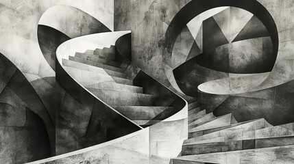abstract background with spiral staircase in black and white. Illustration. Ai generative.