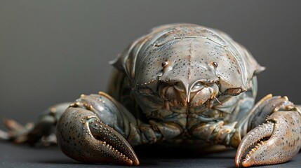  A close-up photo of a crab resting on a dark background Its mouth is slightly open while its eyes are large and wide open The crab's claws and - obrazy, fototapety, plakaty