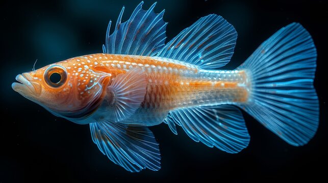  A macro image of a vibrant blue and orange fish with white spots against a dark background