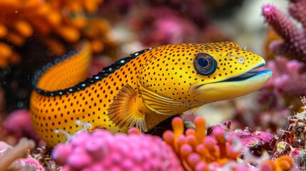  A detailed photo of a fish surrounded by vibrant corals in the background