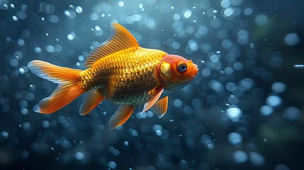 Fotobehang  A close-up image of a goldfish in an aquarium, surrounded by water bubbles on its head © Jevjenijs
