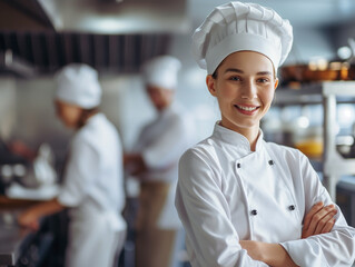 Smiling woman chef in white leading culinary team in modern kitchen