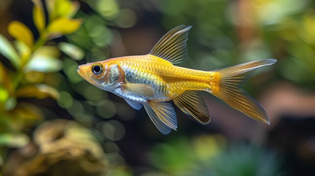  A detailed photo of a goldfish swimming in a fish tank, surrounded by lush green foliage and clear blue water