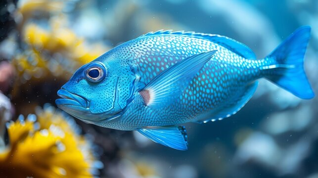  A zoomed-in photo of a blue fish swimming amidst coral in an aquarium, surrounded by yellow flowers and clear blue water