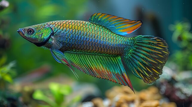  A close-up photo of a colorful fish  in a tank with plant and rock background
