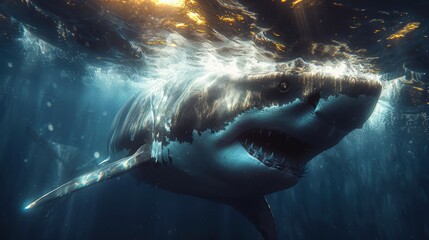  A majestic Great White Shark, mouth agape, gracefully swims in the sunlit ocean - obrazy, fototapety, plakaty