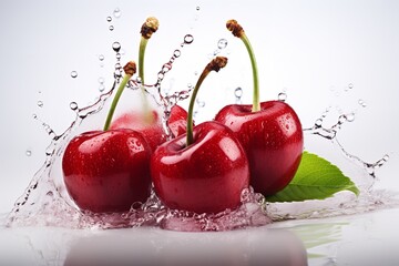 Two fresh cherries with a water splash isolate

