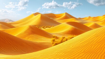 Fototapeta na wymiar A desert landscape painting depicts golden sand dunes and a cloudy blue sky