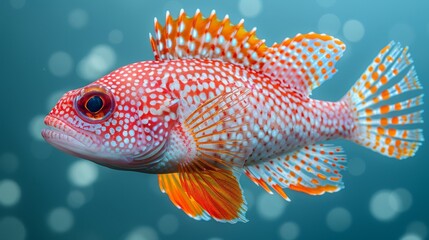  A red and white fish with spots appears against a light blue background in this close-up image