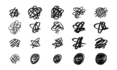 Round and random strikethroughs and scribbles. Collection of twenty drawn squiggles and doodles. Vector set of handwritten symbols and signs - obrazy, fototapety, plakaty
