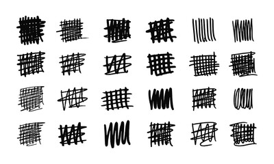 Square strikethroughs and scribbles. Collection of twenty-four randomly drawn squiggles and doodles. Vector set of handwritten symbols and signs - obrazy, fototapety, plakaty