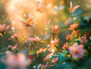 Obraz na płótnie Canvas Butterflies Enchanting Among Vibrant Blooming Flowers in Magical Fairytale Garden