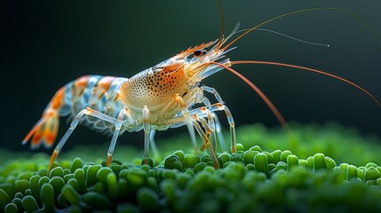  Shrimp on green seaweed, black background