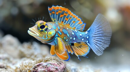   a vibrant blue-orange fish surrounded by various coral formations