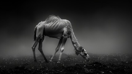  A grayscale image depicts a giraffe stooping to eat leaves in low light - obrazy, fototapety, plakaty