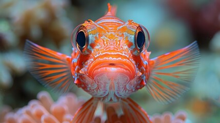  Closely focusing on a fish's face atop an orange anemone in an aquarium