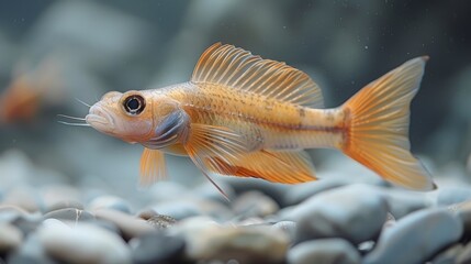  A fish is close-up in a tank, surrounded by rocks, gravel, and water in the background