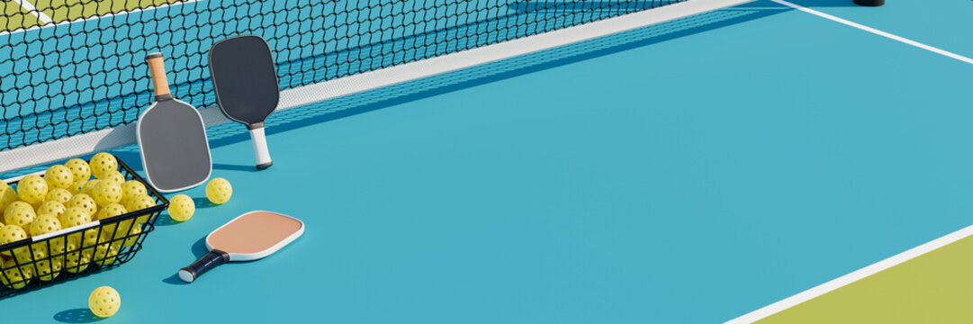 Pickleball ball racket basket on a sports court. 3d rendering