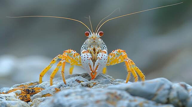  A macro photograph captures an enlarged view of a colorful insect perched on a rock, with its legs spread broadly apart