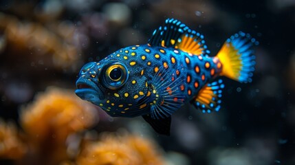 A close-up of a blue and yellow fish with yellow dots on its body against a dark background