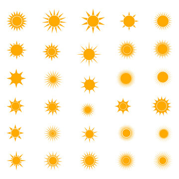 Set of Sun icons. Flat vector design. Collection of sun stars for use as a logo or weather icon.