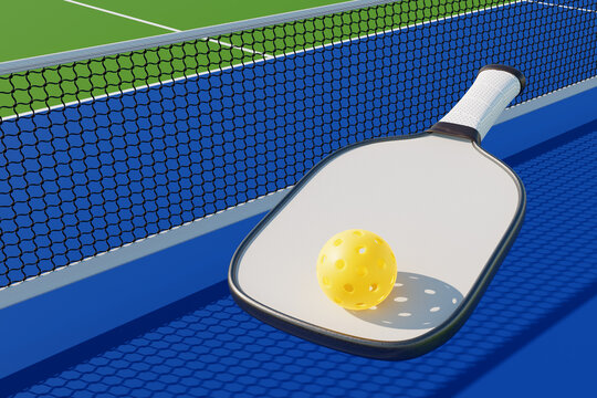 Pickleball racket and ball against the background of the court. 3d rendering