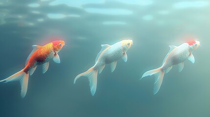  A trio of golden fish gracefully swim together through clear water, surrounded by shimmering air bubbles below