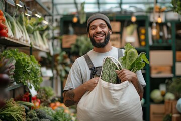 Eco-Friendly Shopping: Man with Reusable Cloth Bag in Market