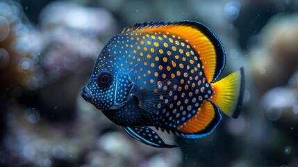  A clear image showing a close-up of a blue and yellow fish with orange spots on its face against a focused background